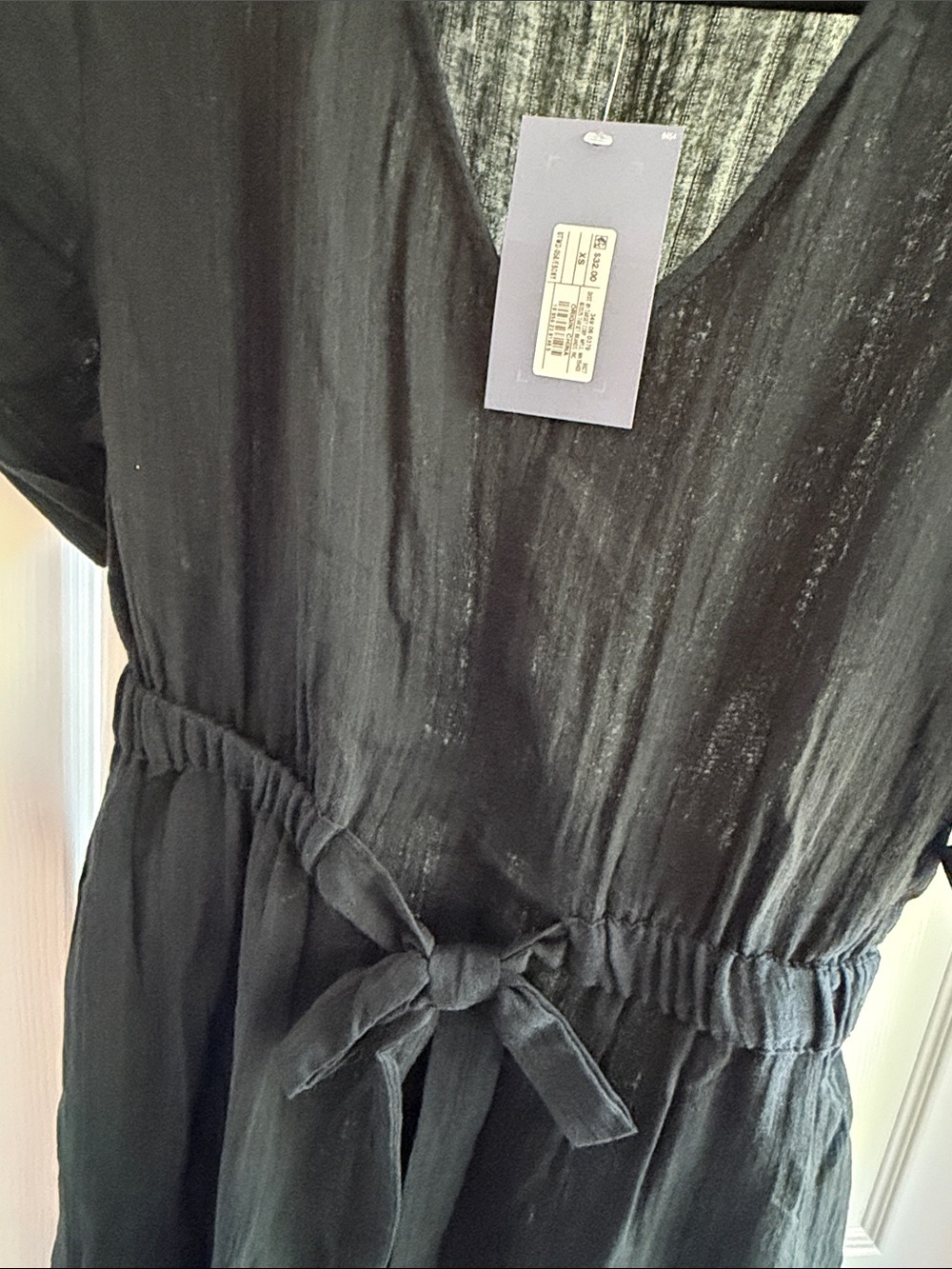 Black V-Neck Tie-Waist gauzy Dress - Picture 2 of 4